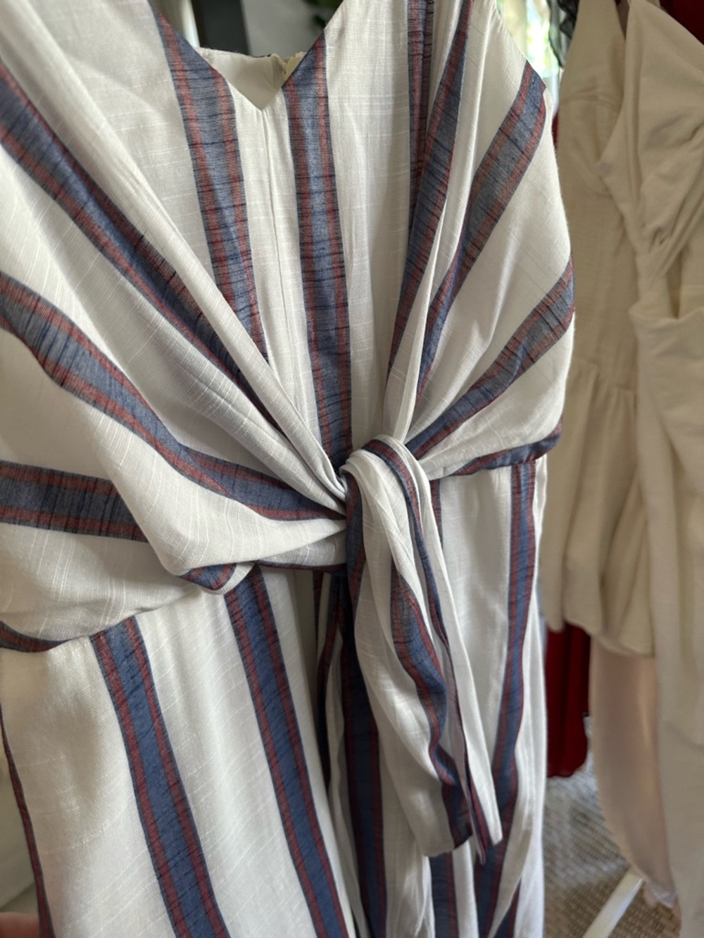 Banana Republic White and Navy Striped Midi Dress with Front Tie 0 - Picture 3 of 10